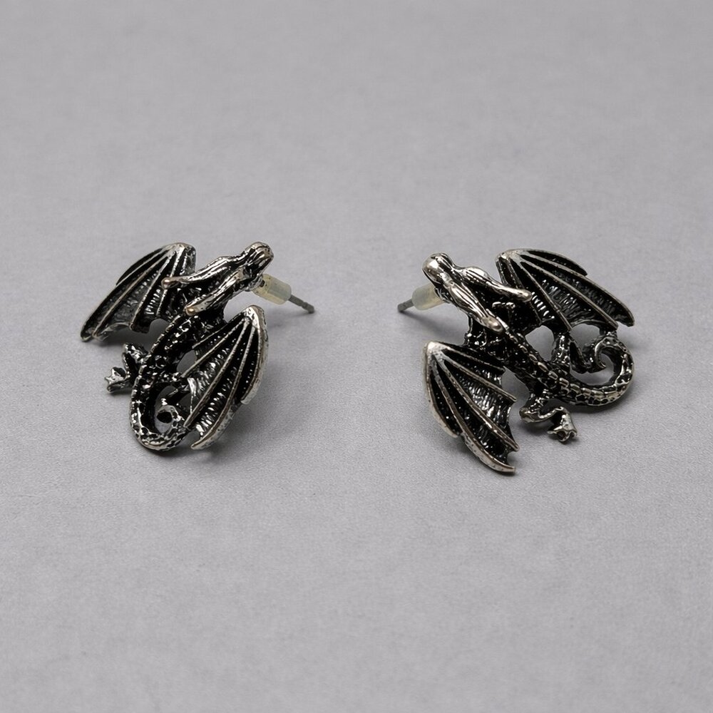 Silver Tone Dragon Stud Earrings